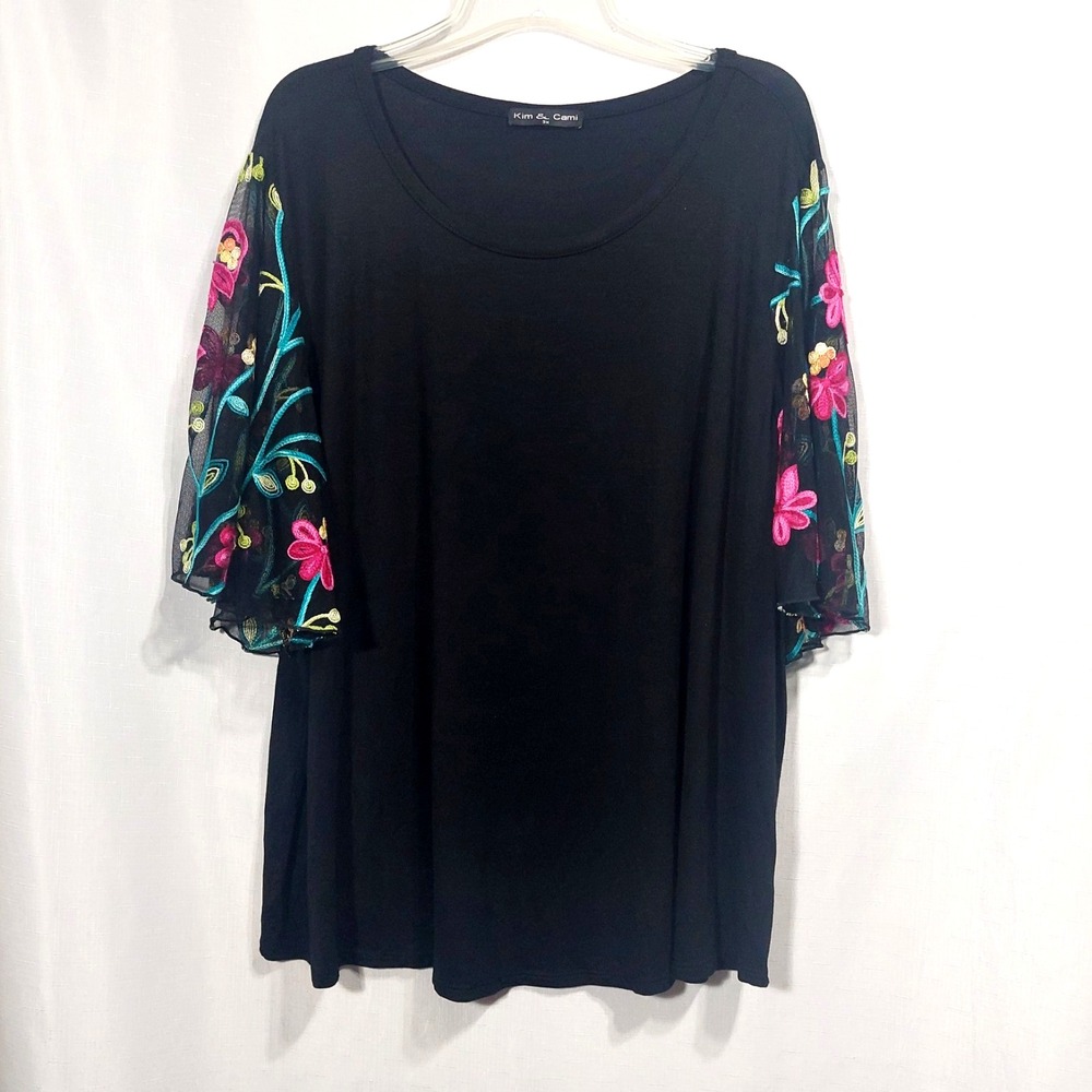 Kim & Cam Womens 3X Tunic Pullover Stretch Short Sheer Embroidered Sleeves Black